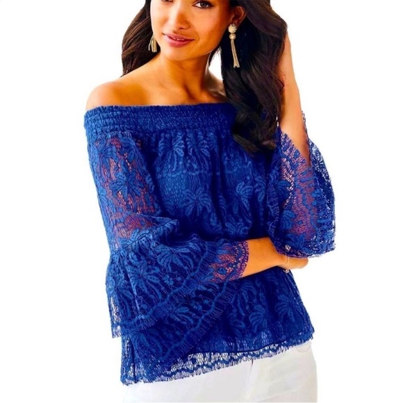 Lilly Pulitzer Blue Palm Lace Off-Shoulder Blouse - Picture 1 of 8